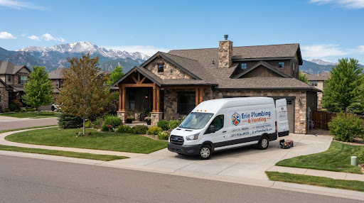 Erie Peak Plumbing service van parked outside a Colorado craftsman home in Erie, CO